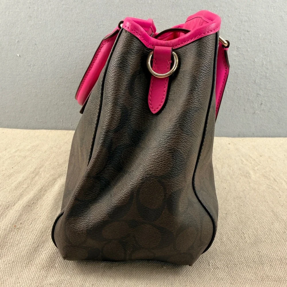 Coach Margot Carryall Signature Brown Canvas Bright Pink Trim Crossbody Tote Bag - Picture 3 of 12